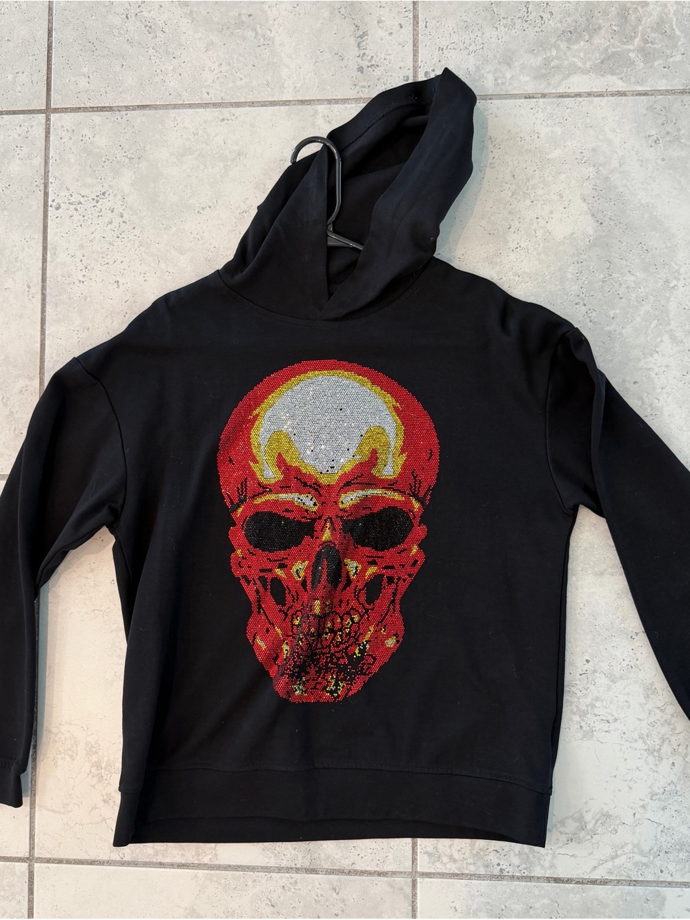 Black Hoodie with Red Skull Rhinestone Graphic